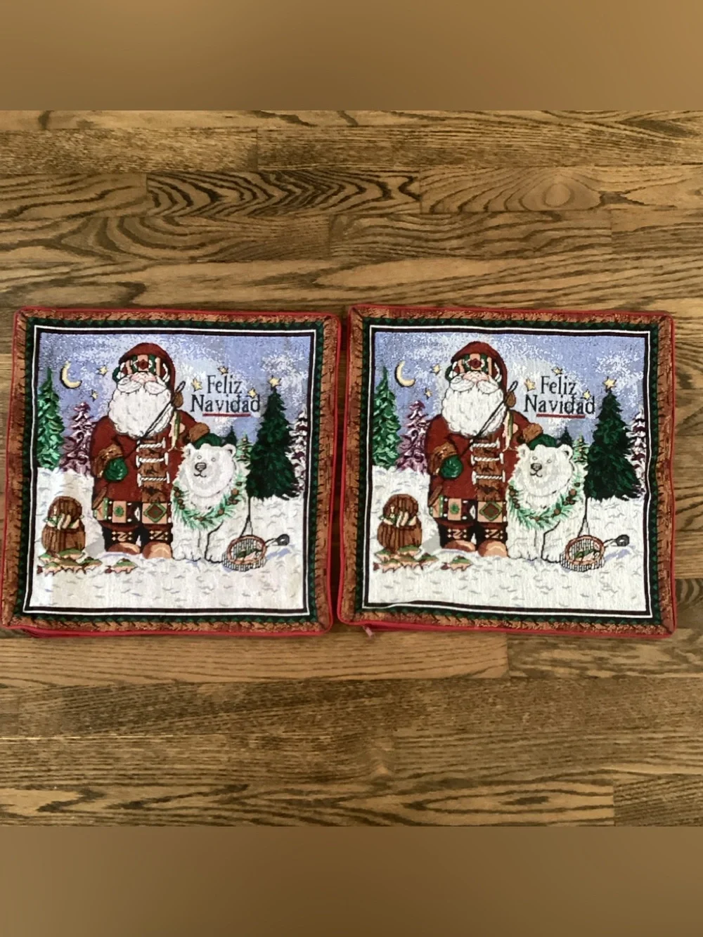 Feliz Navidad Santa & Polar Bear Holiday Tapestry Pillow Covers Set of 2